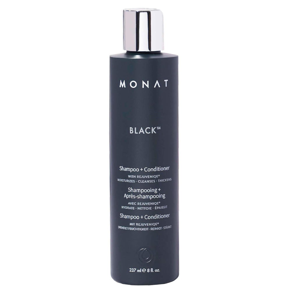 MONAT Black Shampoo bottle pour demonstrates the 2-in-1 cleanse and condition.