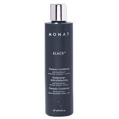 MONAT Black Shampoo bottle pour demonstrates the 2-in-1 cleanse and condition.