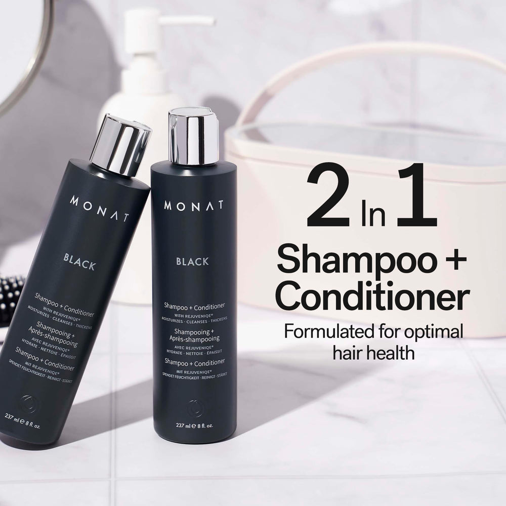 MONAT Black Shampoo + Conditioner bottle closeup highlights the dual-action formula.