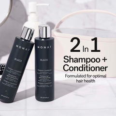 MONAT Black Shampoo + Conditioner bottle closeup highlights the dual-action formula.