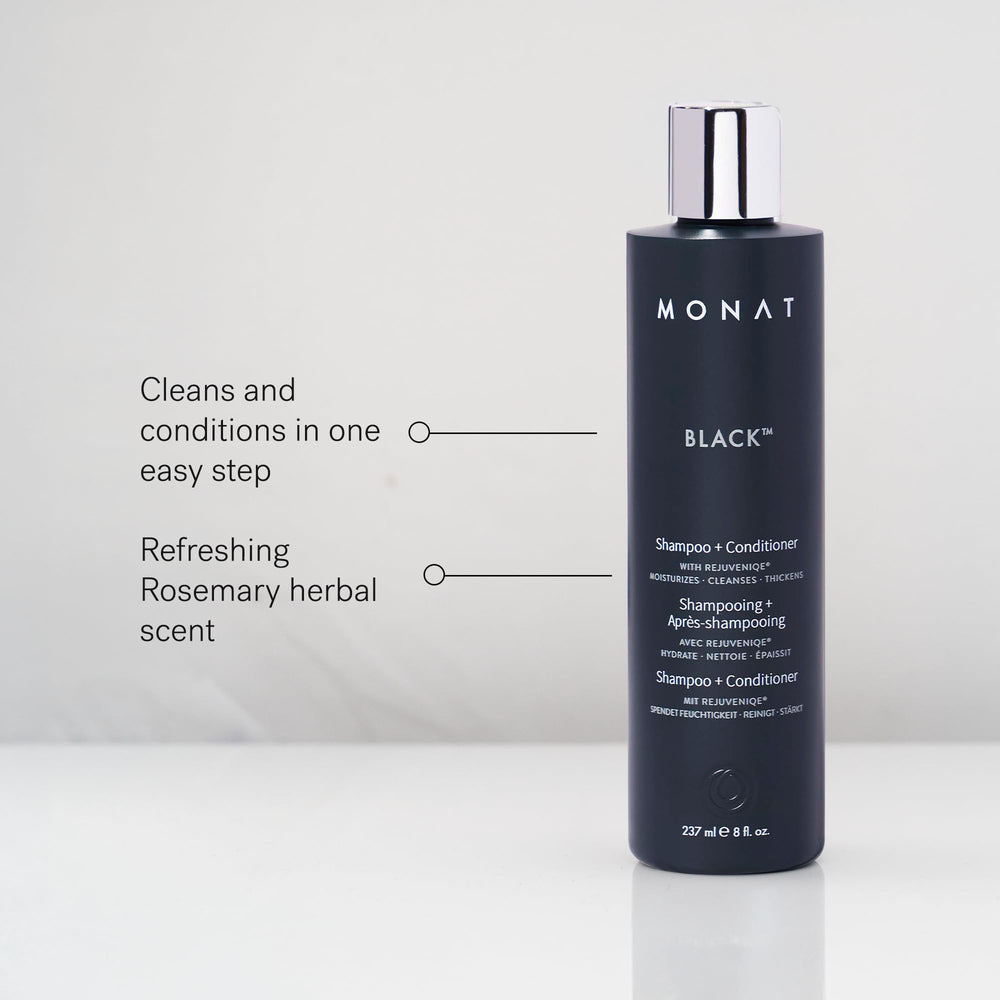 MONAT Black Shampoo label closeup shows a natural, vegan, sulfate-free formula.