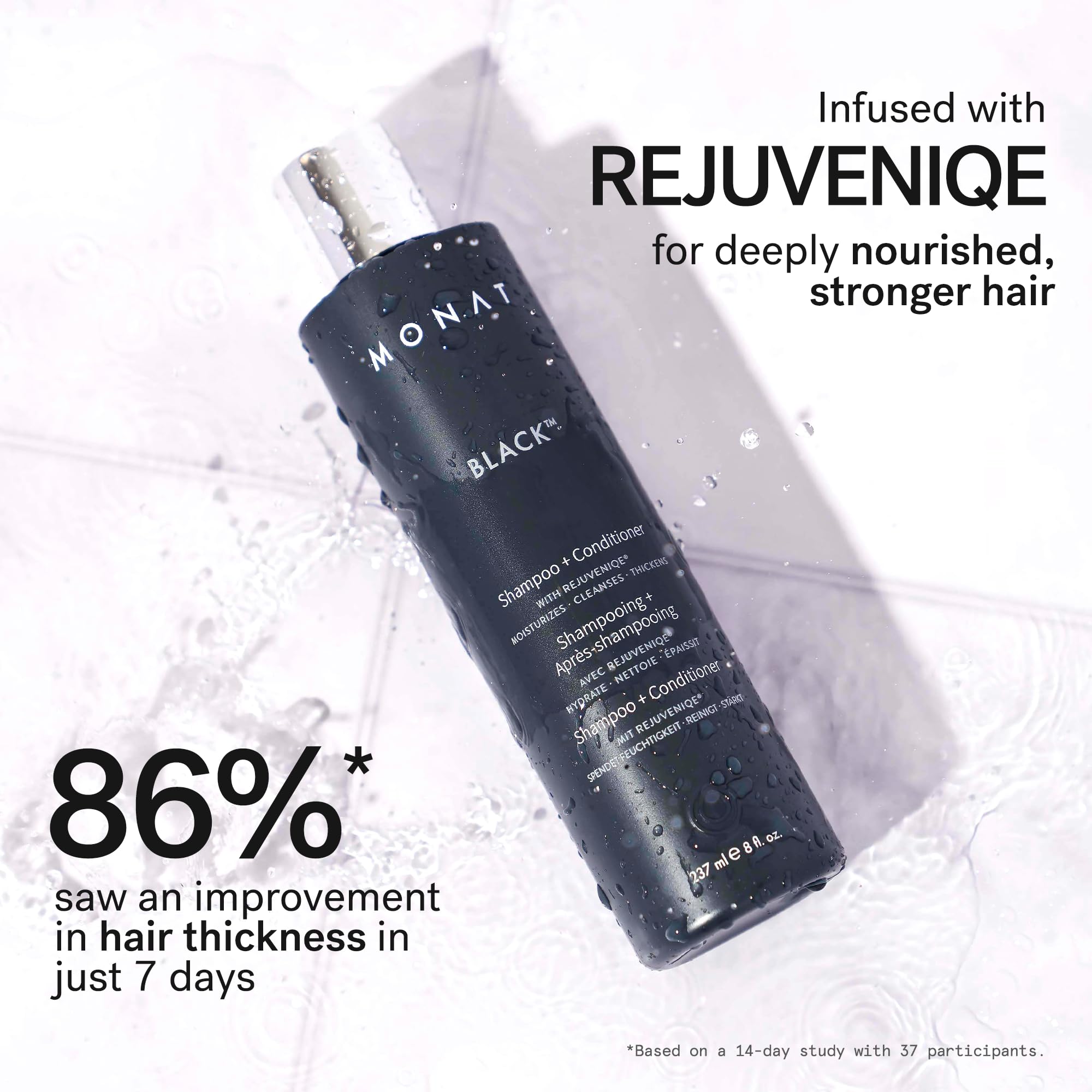 Lush foam from MONAT Black Shampoo on hair illustrates cleansing and conditioning in one step.