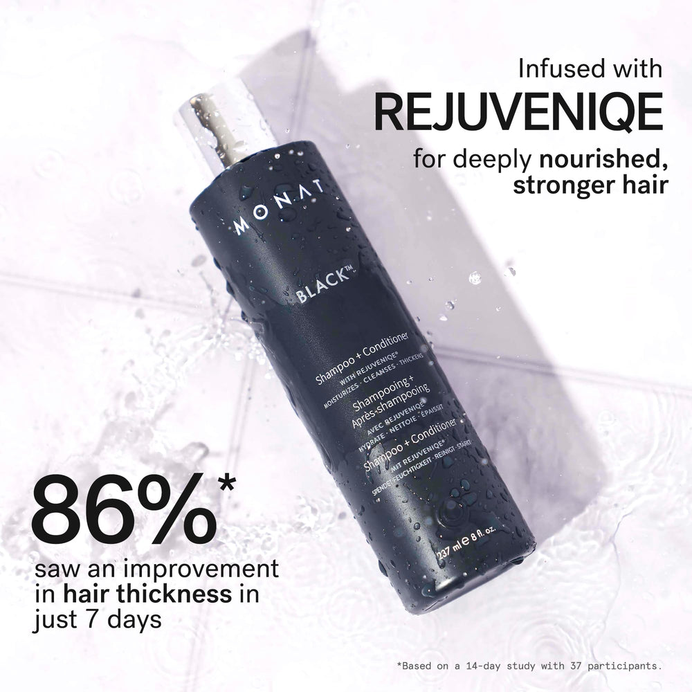 Lush foam from MONAT Black Shampoo on hair illustrates cleansing and conditioning in one step.