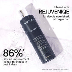Lush foam from MONAT Black Shampoo on hair illustrates cleansing and conditioning in one step.