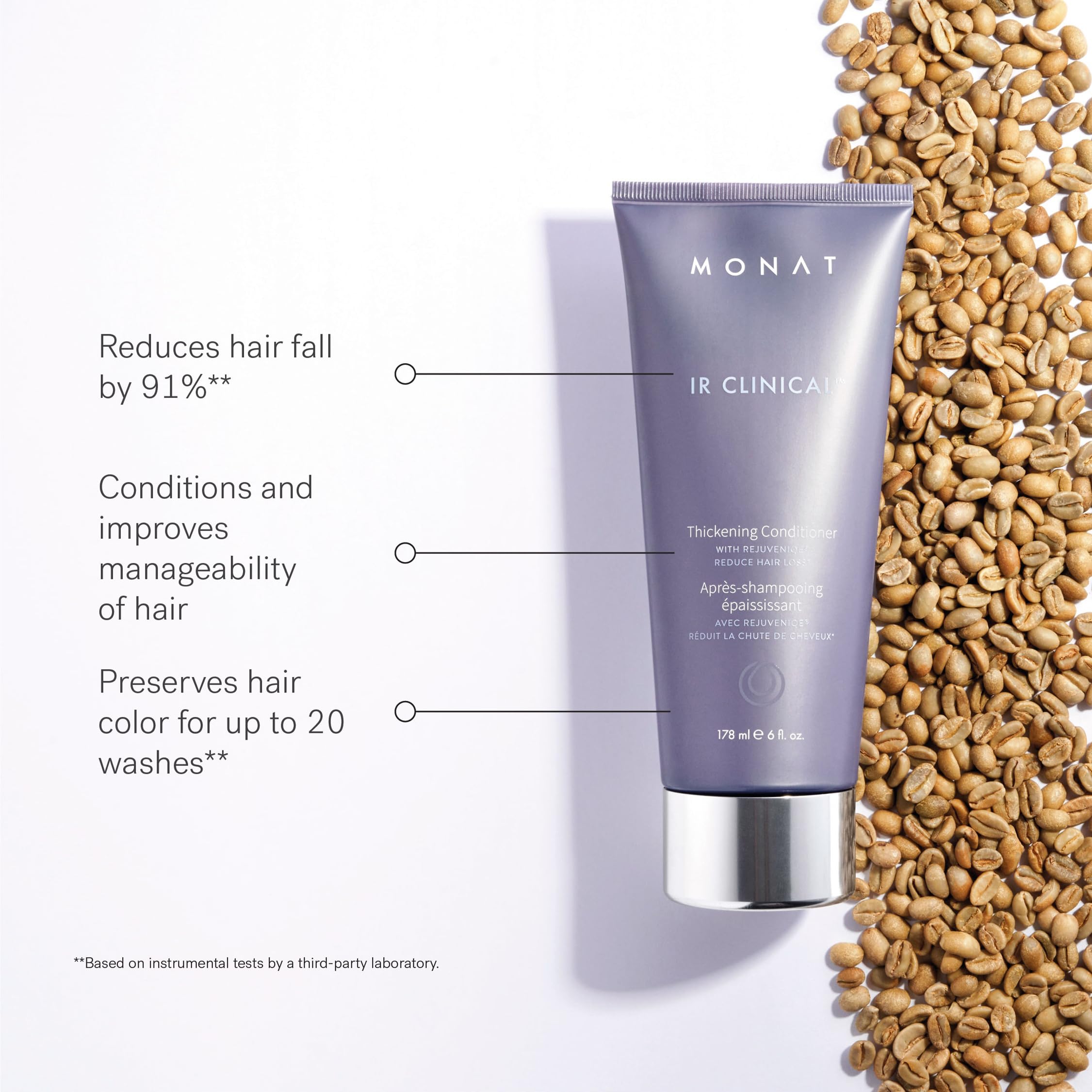 MONAT IR Clinical Thickening Conditioner application closeup promotes hydration and easier detangling.