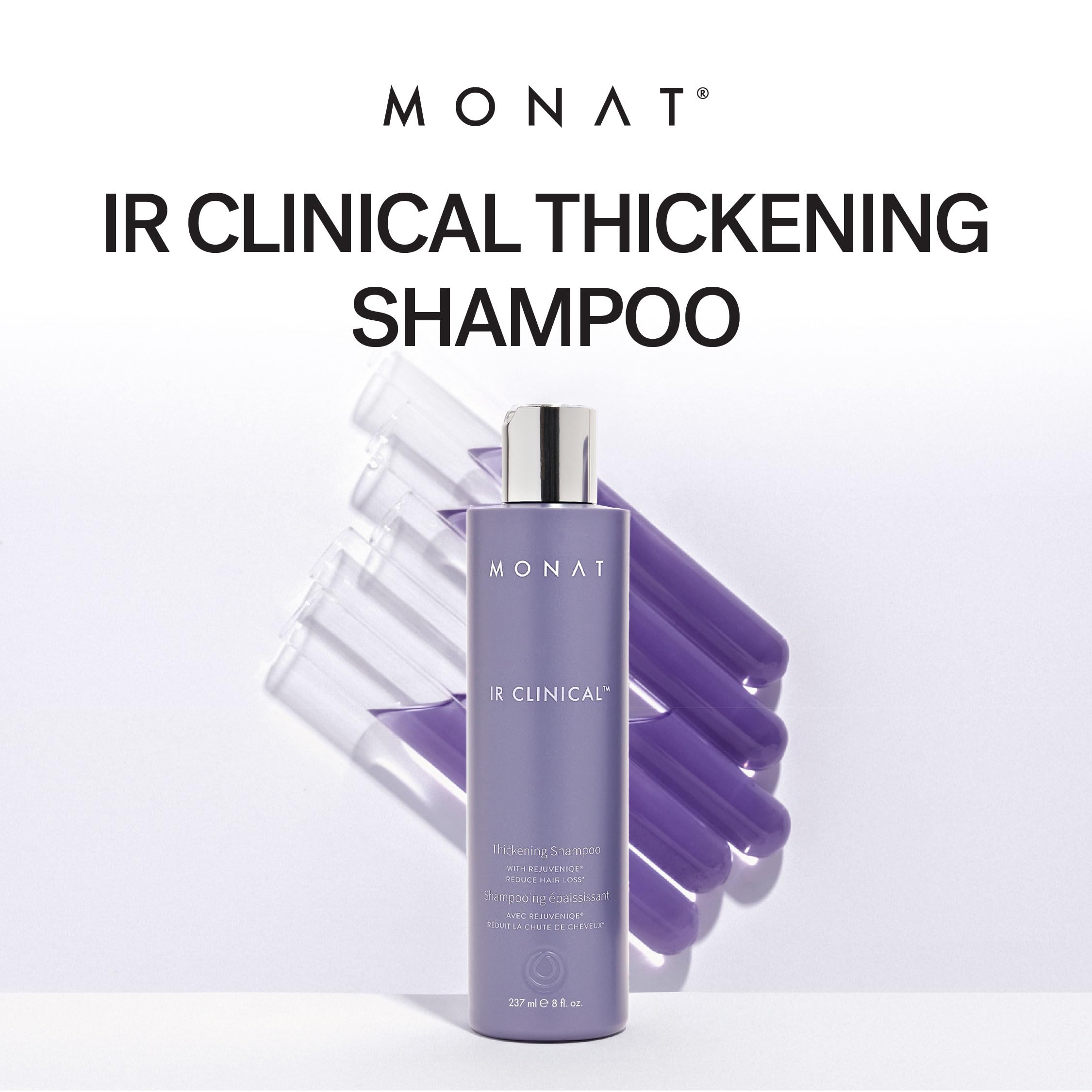 MONAT IR Clinical Thickening Shampoo ingredients section shows rosemary and pea extract