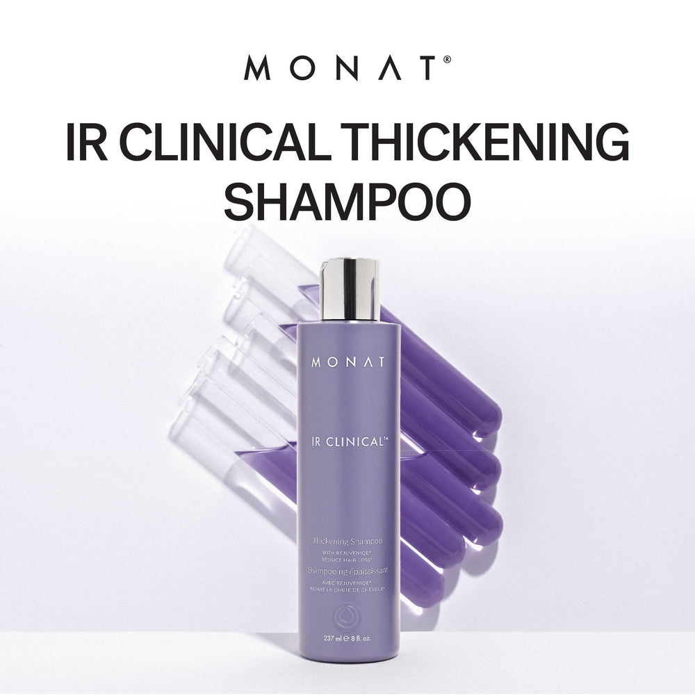 MONAT IR Clinical Thickening Shampoo ingredients section shows rosemary and pea extract