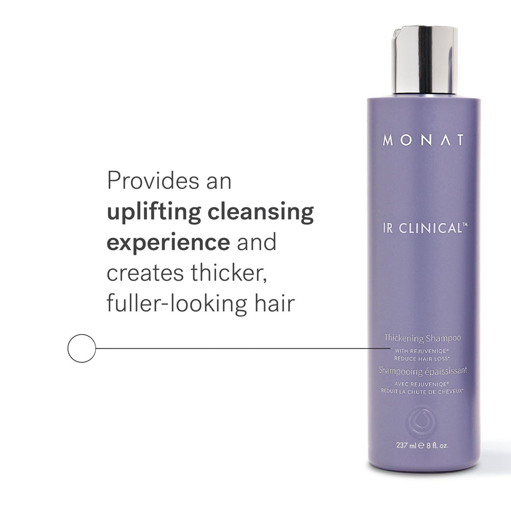 MONAT IR Clinical Thickening Shampoo label highlights vegan, sulfate-free formula for healthier-looking hair