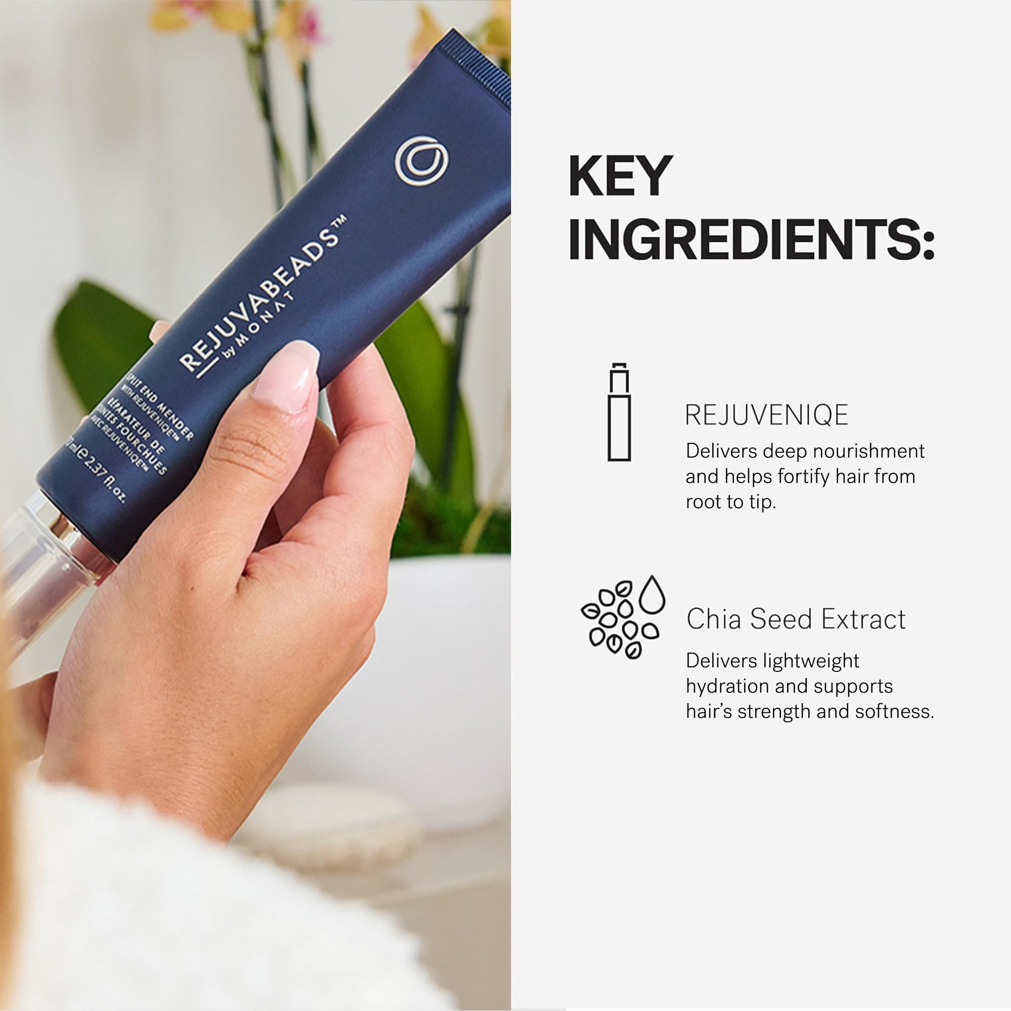 Graphic showing the simple 3-step application for Rejuvabeads leave-in serum.