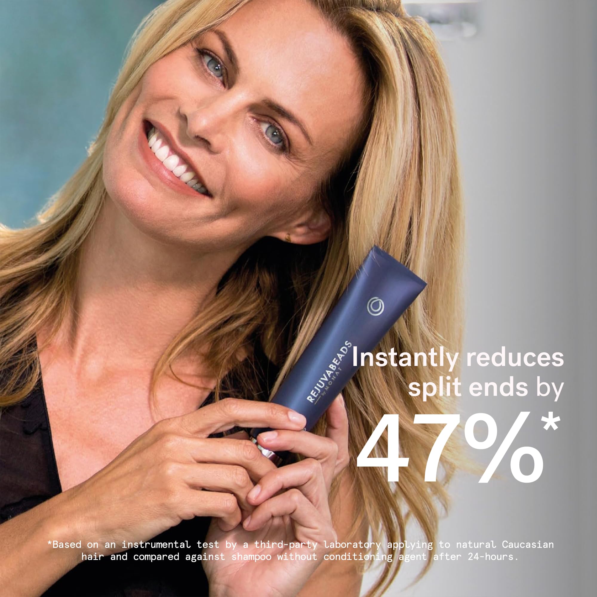 Applying Rejuvabeads to mid-lengths and ends improves manageability and reduces frizz.