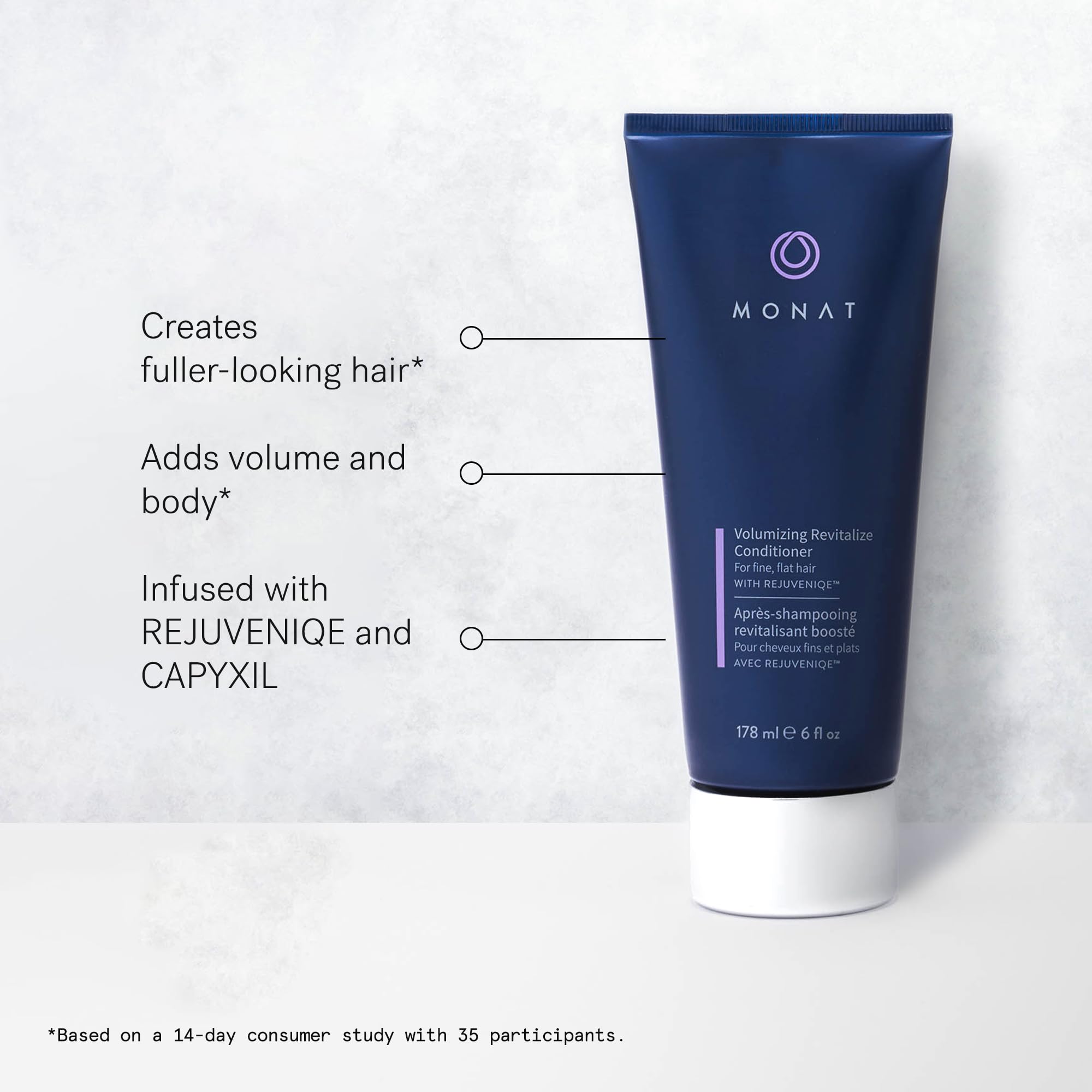 MONAT Rejuvenique essence closeup emphasizes nourishing blend for healthier-looking strands
