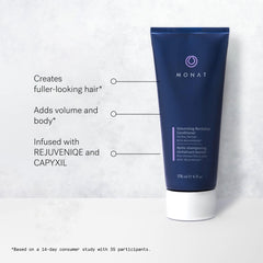 MONAT Rejuvenique essence closeup emphasizes nourishing blend for healthier-looking strands
