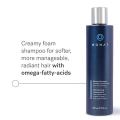 MONAT Renew Shampoo rich-lather closeup illustrates creamy foam for deep hydration.