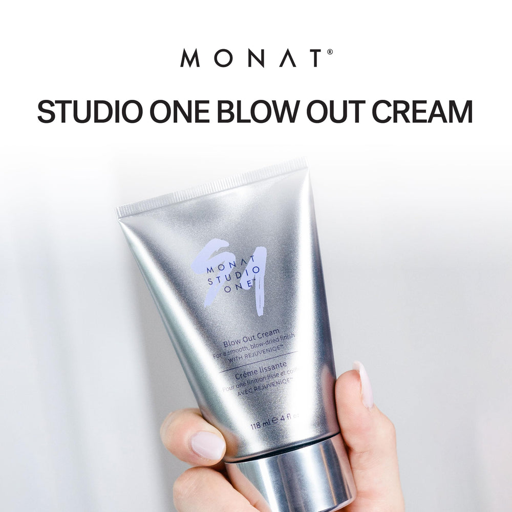 MONAT Studio One Blow Out Cream applied to towel-dried hair for frizz control