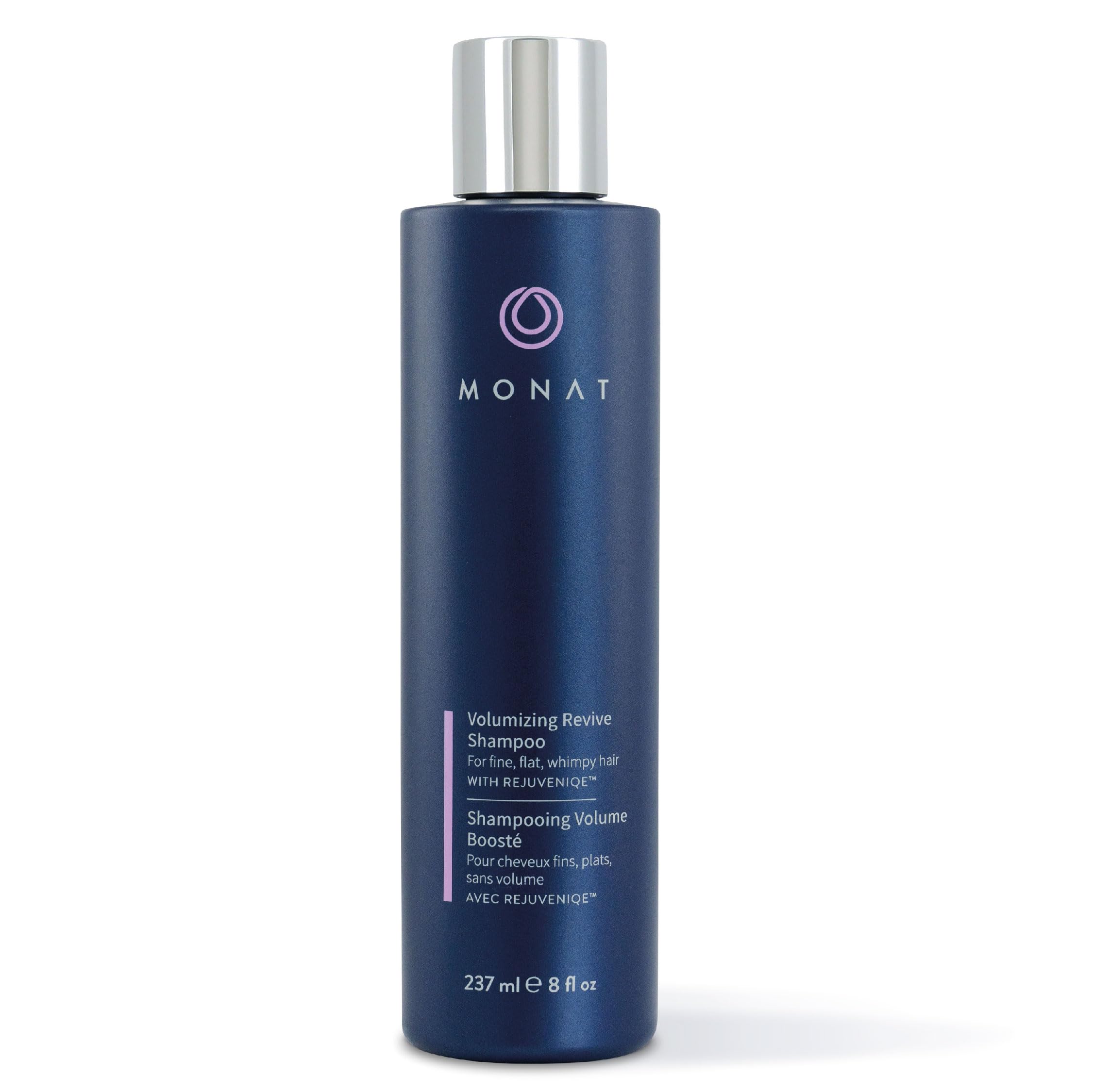MONAT Volumizing Revive Shampoo bottle close-up showing weightless volume for fine hair.