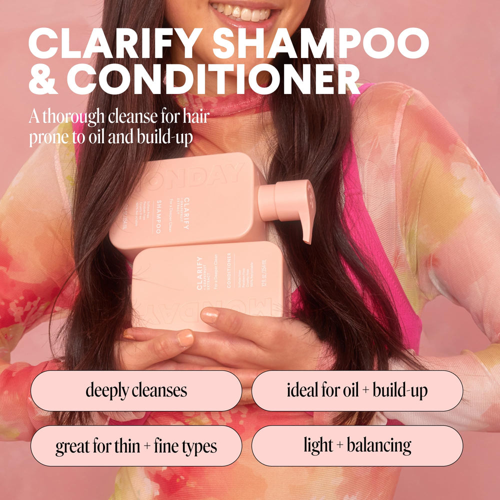 MONDAY Haircare Clarify acondicionador botella: suavidad y control del brillo.
