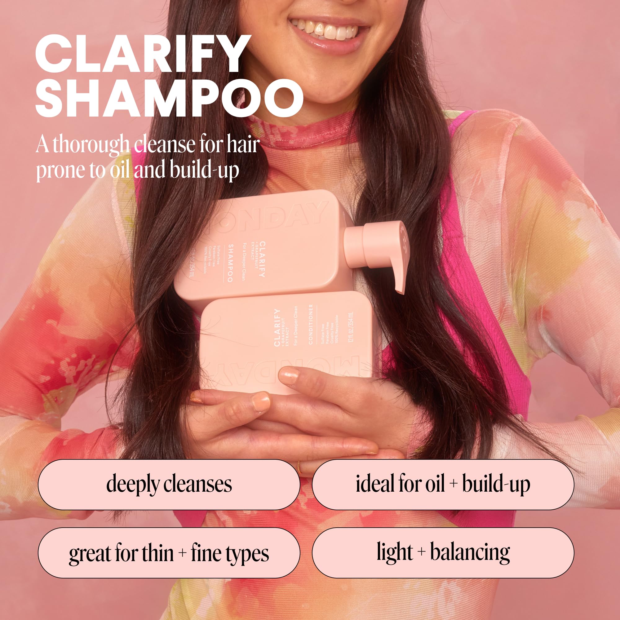 MONDAY Haircare CLARIFY rich foam lather appears during a refreshing scalp cleanse.