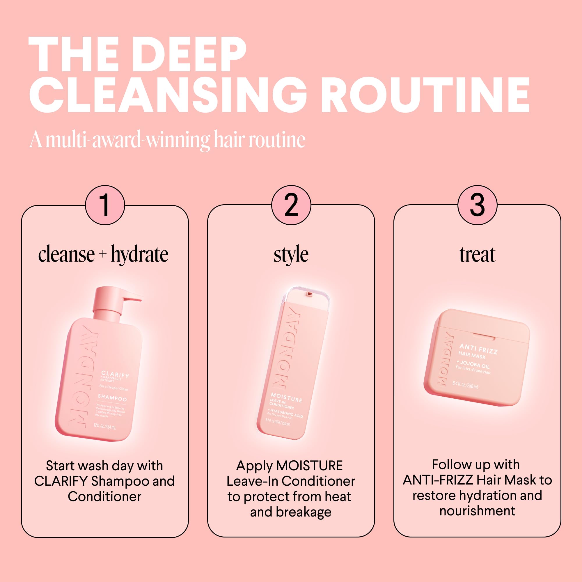 MONDAY Haircare CLARIFY paraben-free formula highlighted on bottle for safety.