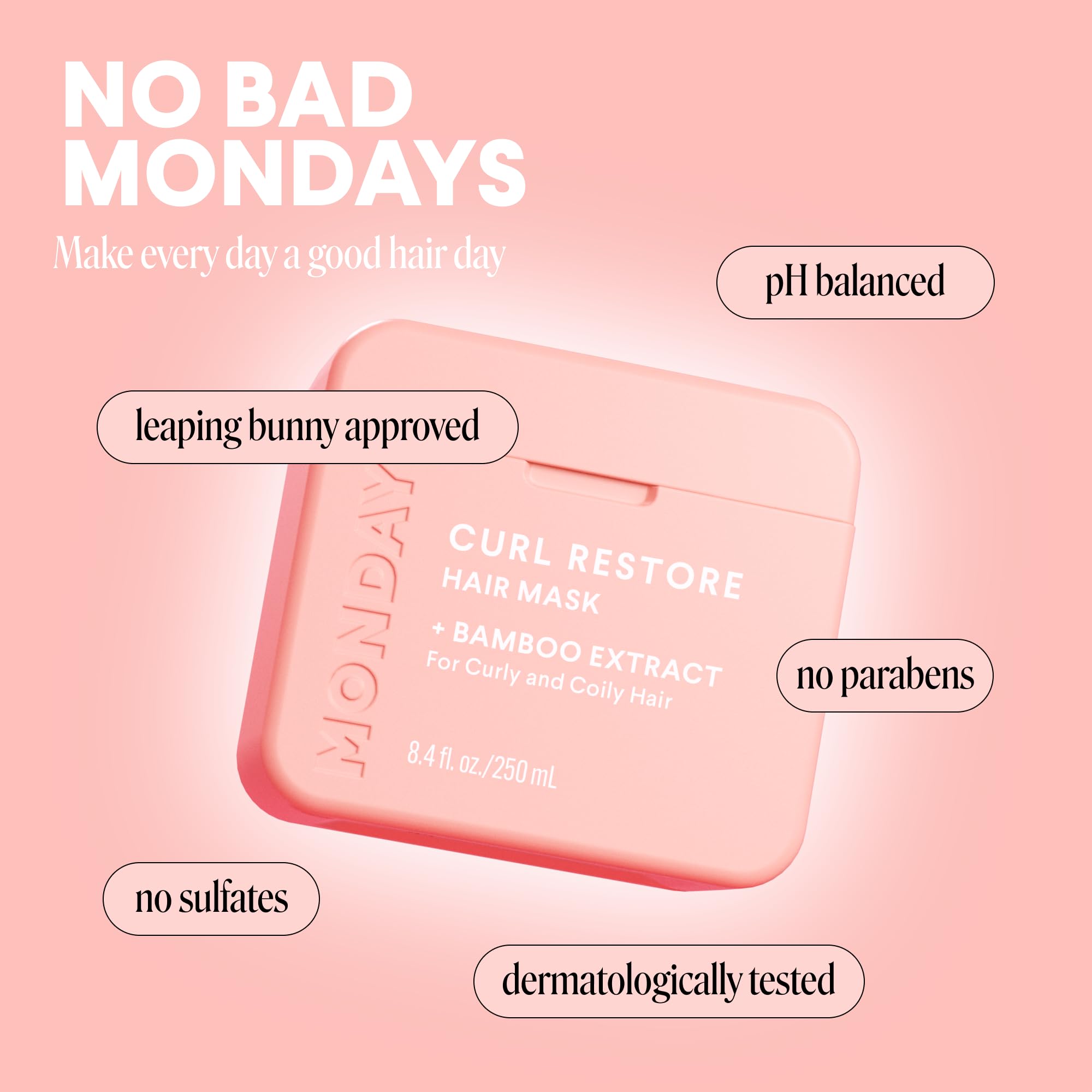 MONDAY Haircare Curl Restore dispensing bottle demonstrates convenient weekly treatment.