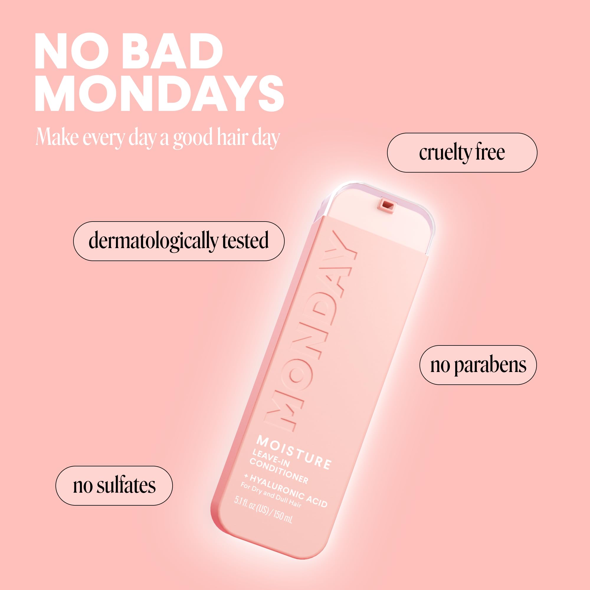 MONDAY Haircare MOISTURE ingredients panel with hyaluronic acid and nourishing oils.