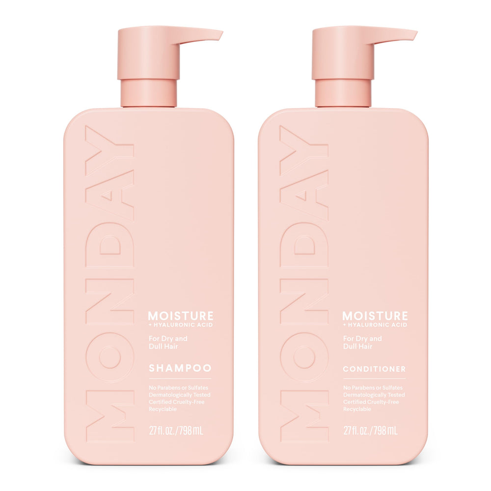 MONDAY Haircare Moisture Shampoo bottle pouring for hydrating dry hair