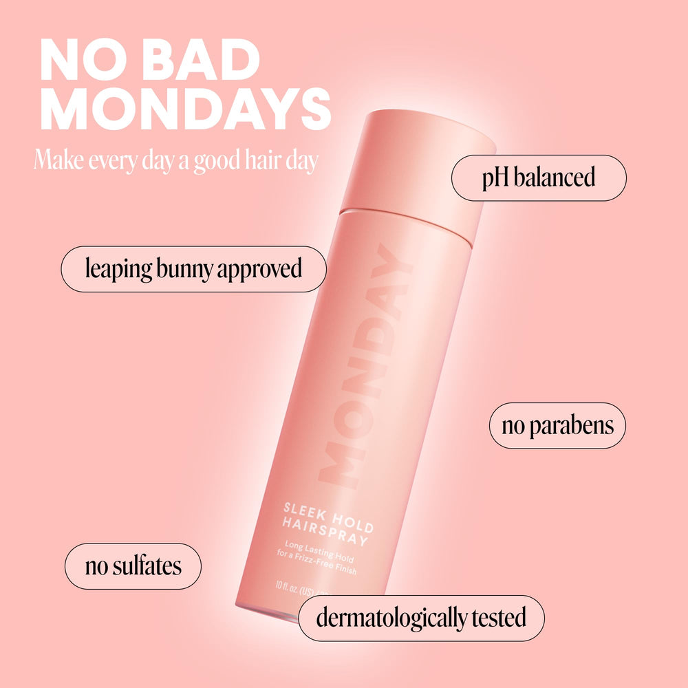 MONDAY HAIRCARE SLEEK HOLD, pulverización fina para acabado suave y control del peinado.