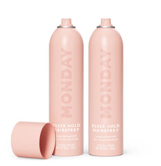 MONDAY HAIRCARE SLEEK HOLD, botella de spray, fijación duradera sin residuos pegajosos.