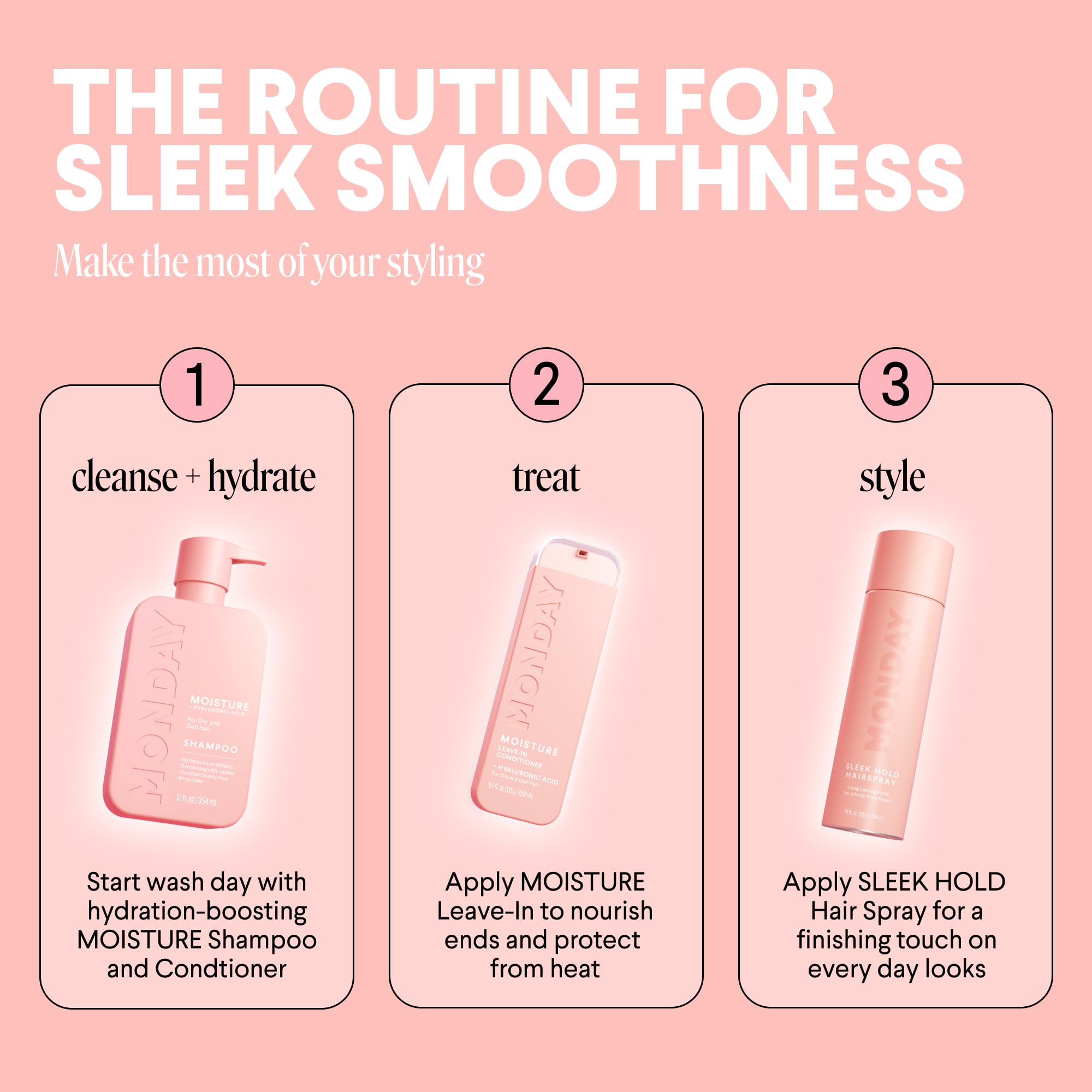 MONDAY HAIRCARE SLEEK HOLD, envase doble para ahorro y conveniencia.