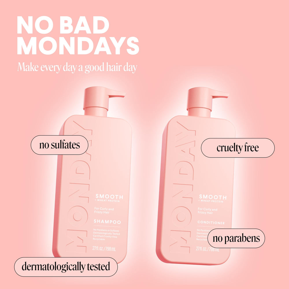 MONDAY Haircare Smooth Bottles Together—bold pink packaging in your shower.