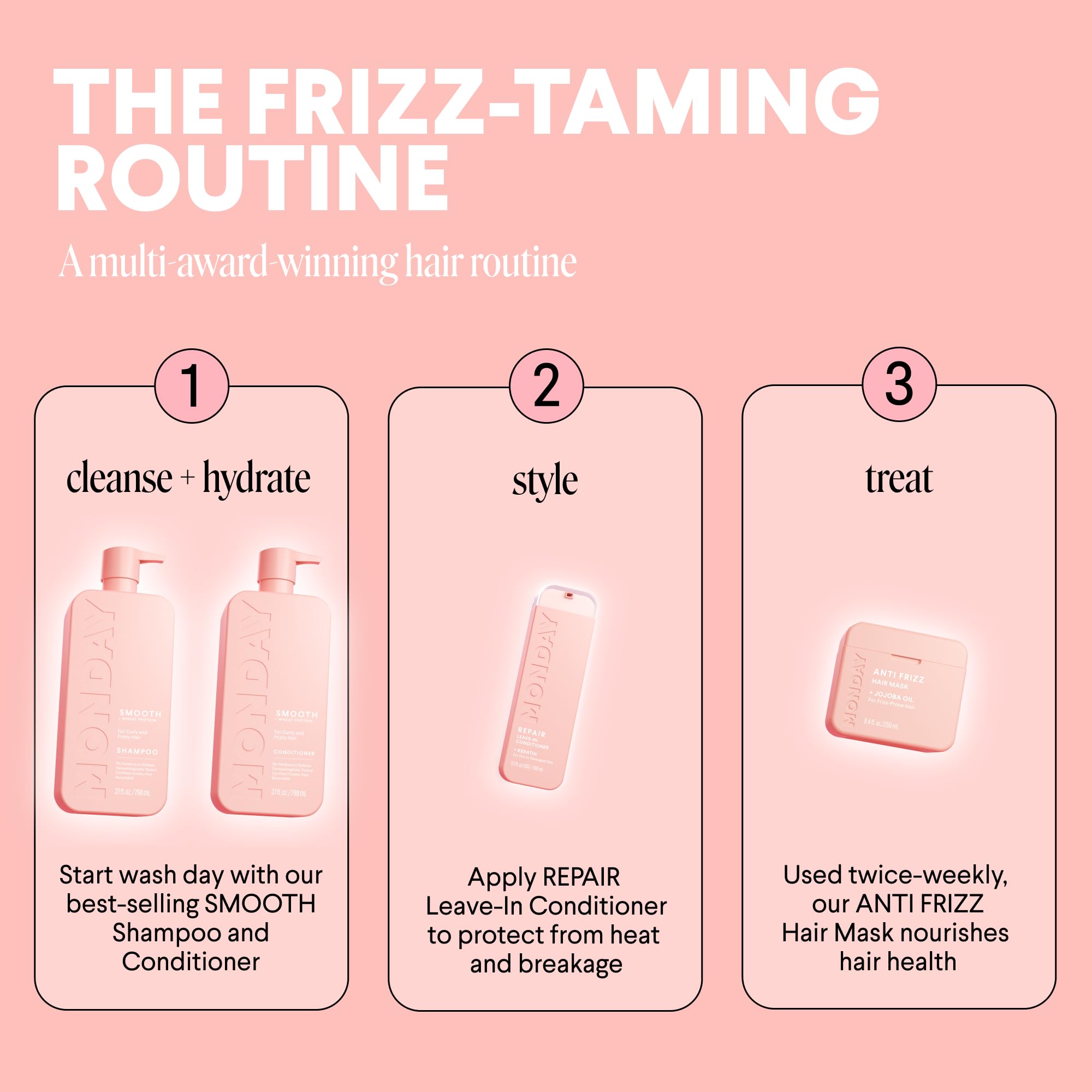 MONDAY Haircare Smooth Ingredients Wheat Protein—moisture lock for frizz reduction.