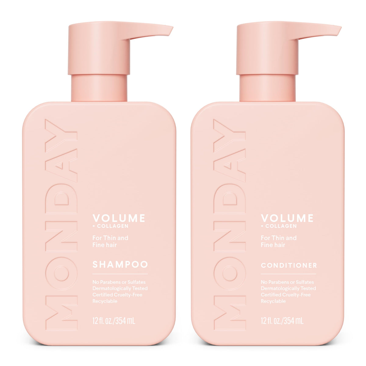Botella de MONDAY champú volumen, ofrece cuerpo al cabello fino.