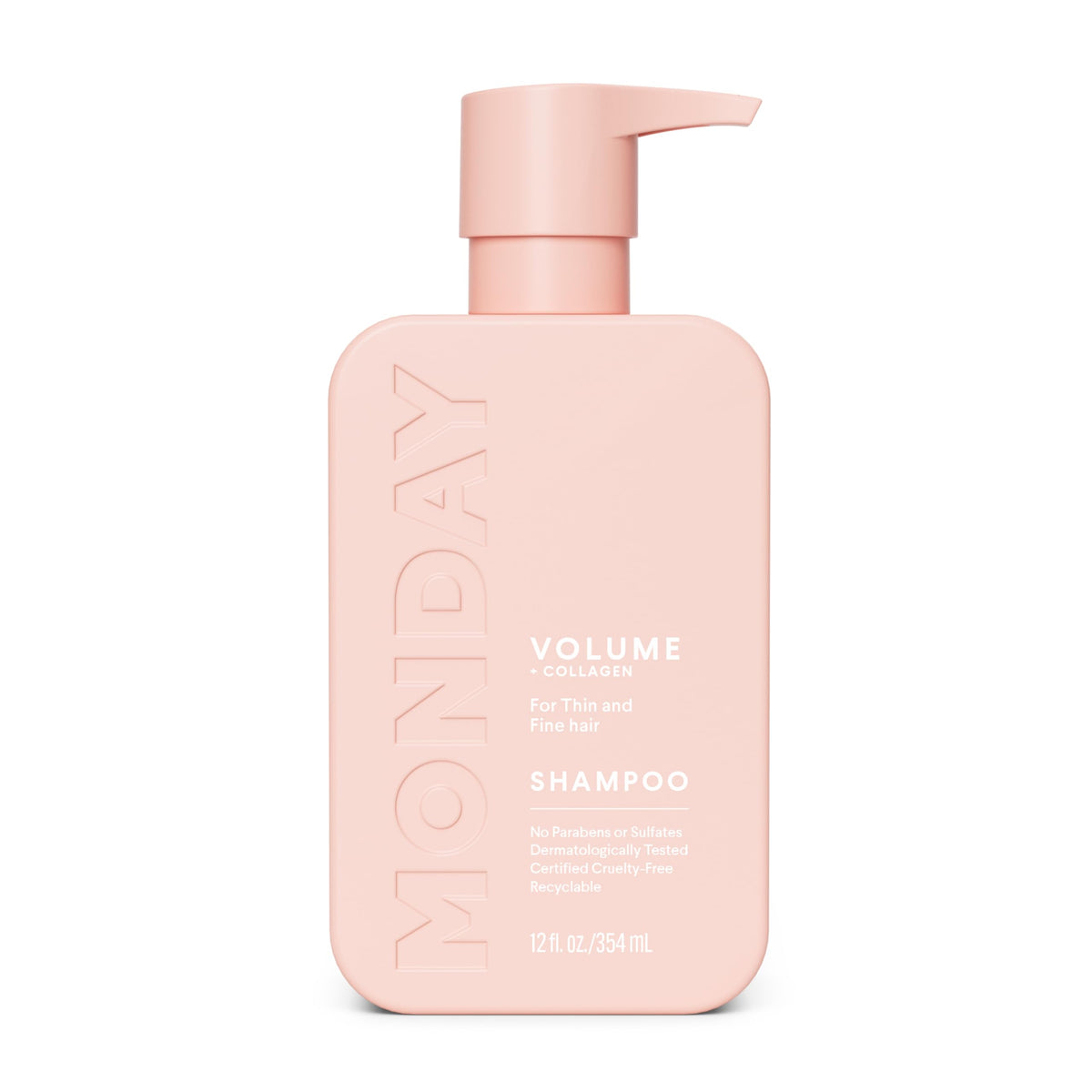 MONDAY Volume Shampoo bottle pour showing easy application for fuller hair