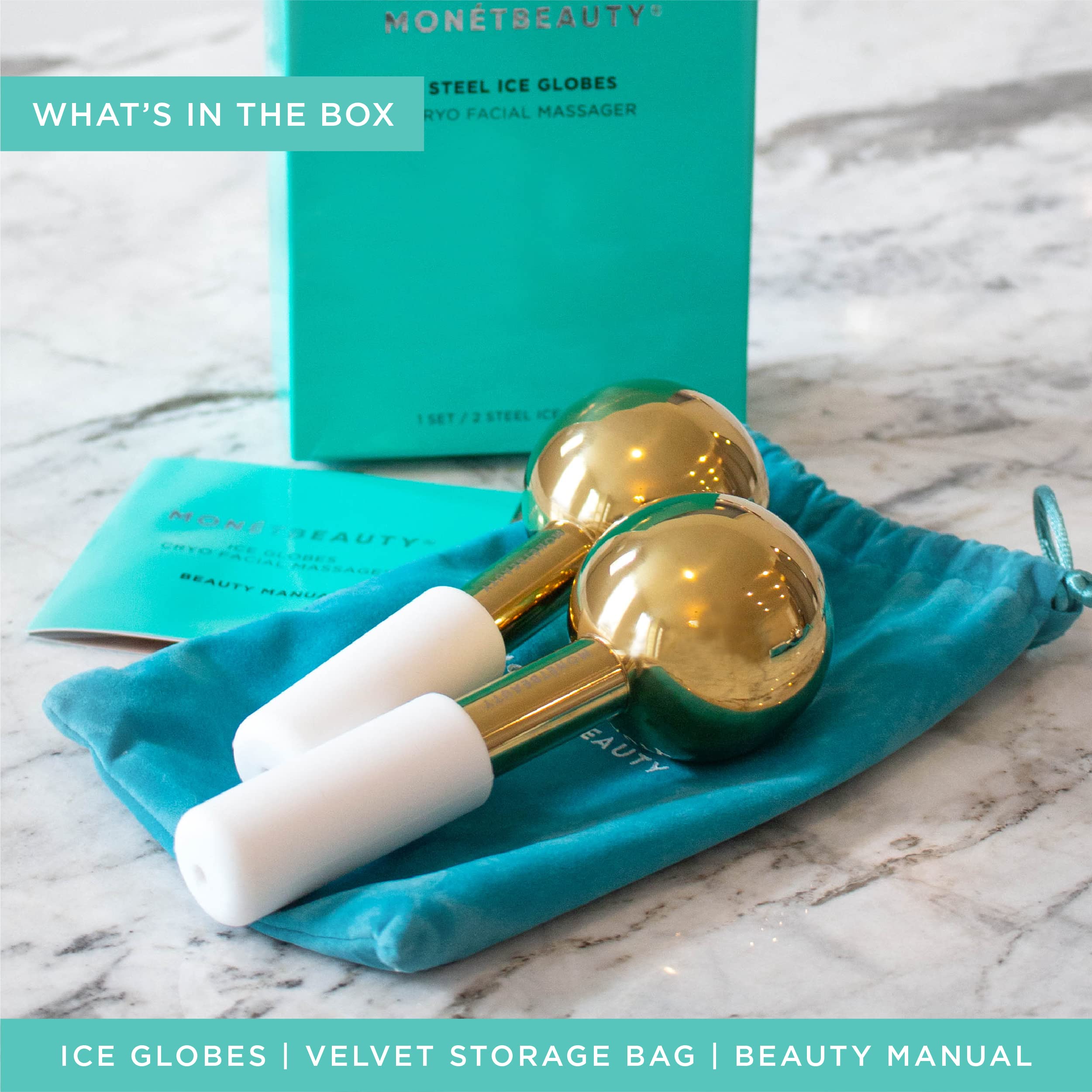 MonétBeauty gold-finish ice globes used for soothing facial massage.