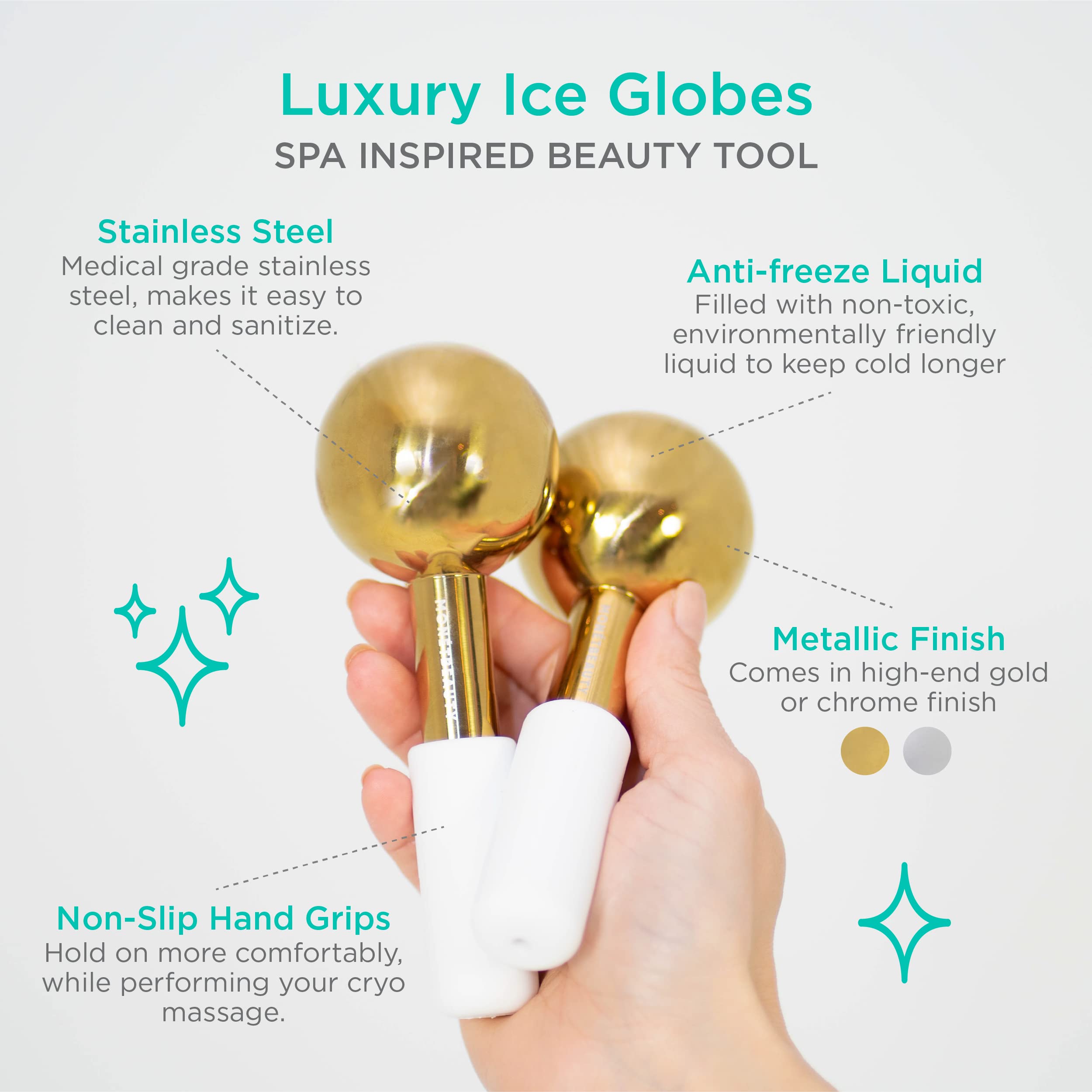 MonétBeauty ice globes cooling massage closeup for refreshed-looking skin.