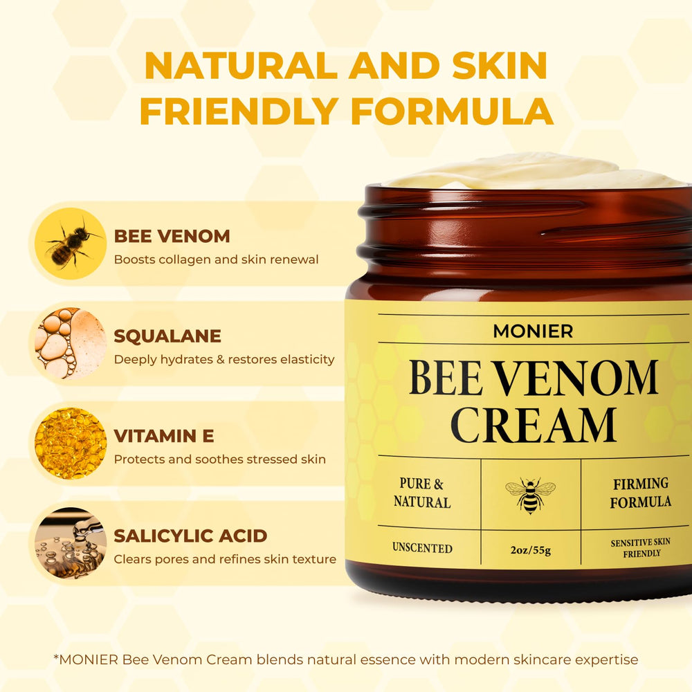 MONIER Crema Veneno de Abeja, empaque, cuidado nutritivo para piel radiante.