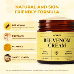 MONIER Crema Veneno de Abeja, empaque, cuidado nutritivo para piel radiante.
