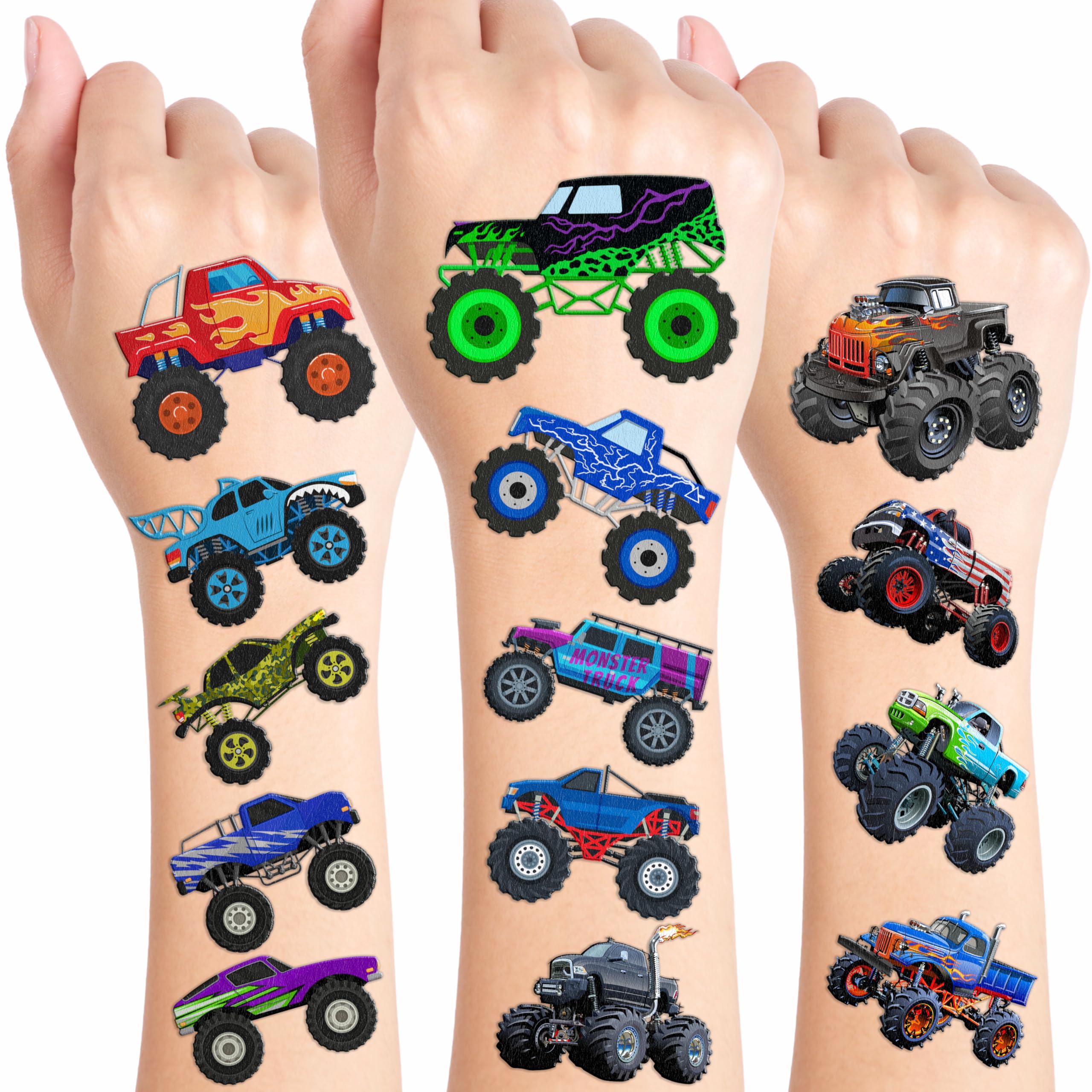 Monster Truck Tattoos eight-sheet pack for kids' parties delivers bold, fun designs and easy pre-cut application.