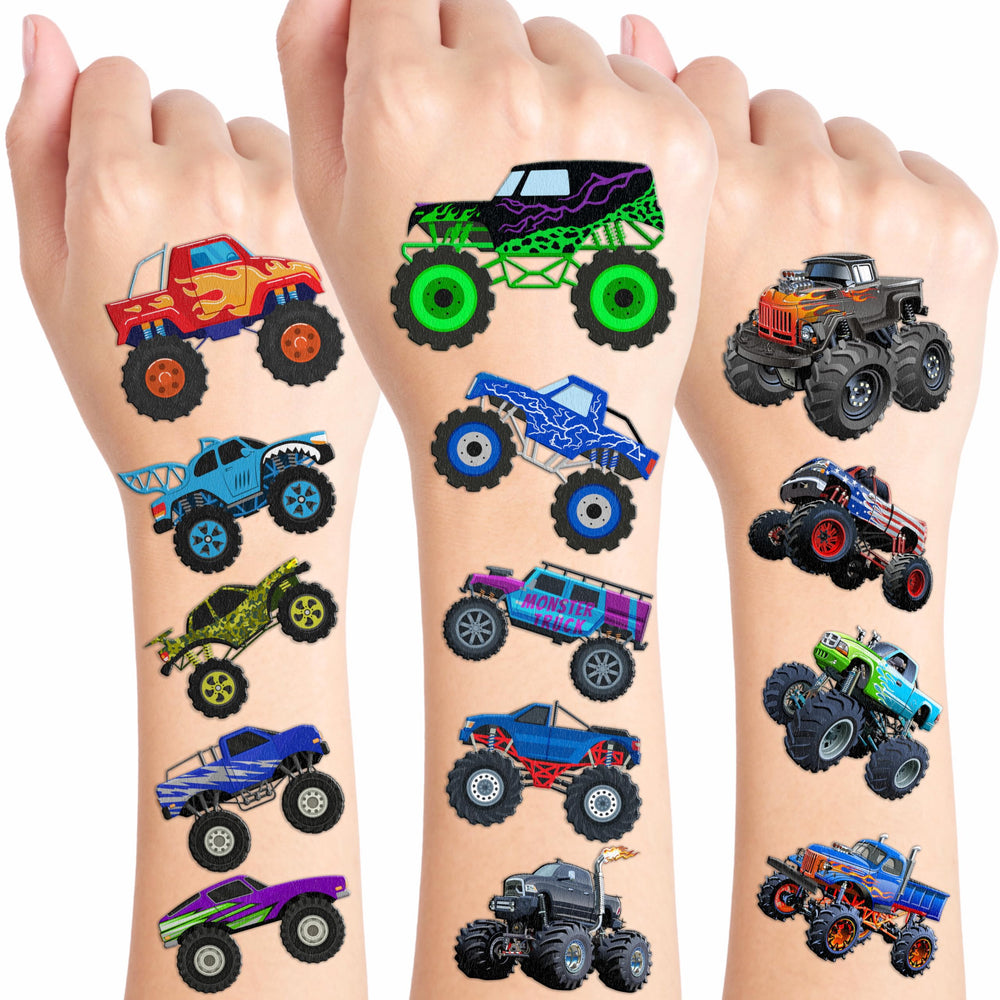 Monster Truck Tattoos eight-sheet pack for kids' parties delivers bold, fun designs and easy pre-cut application.