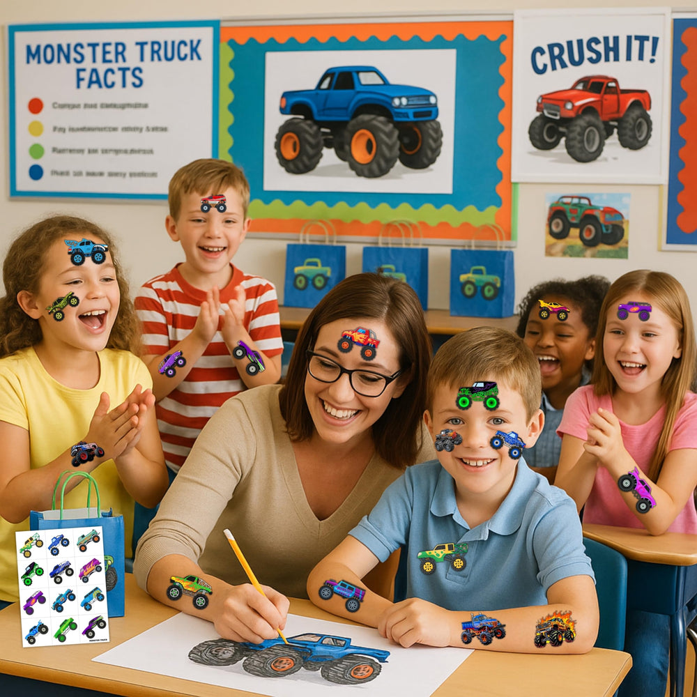 Monster Truck Tattoos work on skin, glass, fabrics, and other smooth surfaces.