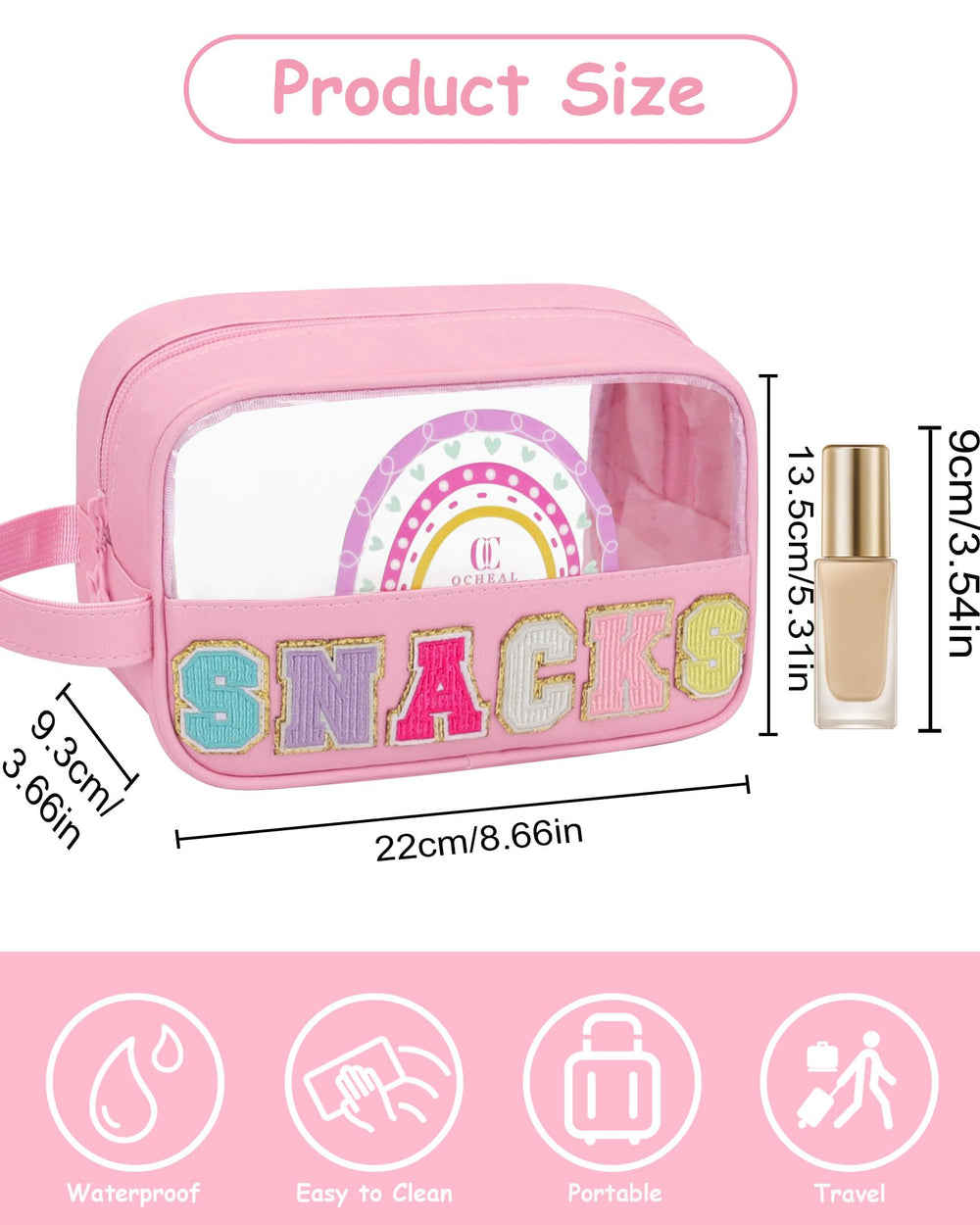 MONSTINA clear makeup travel bag showing embroidered patch and clean design.