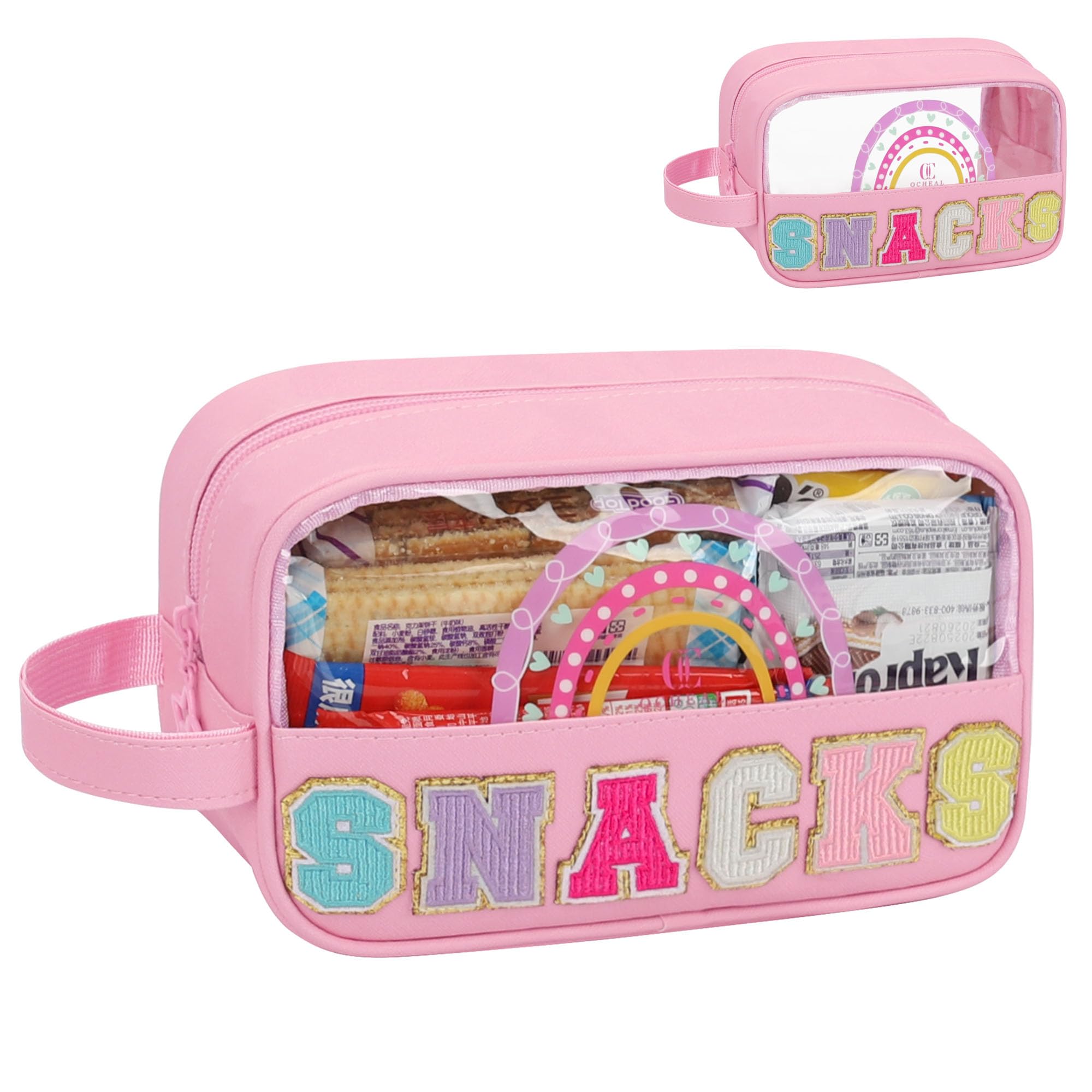 MONSTINA snack bag clear pouch with rainbow print, ideal for travel organization.