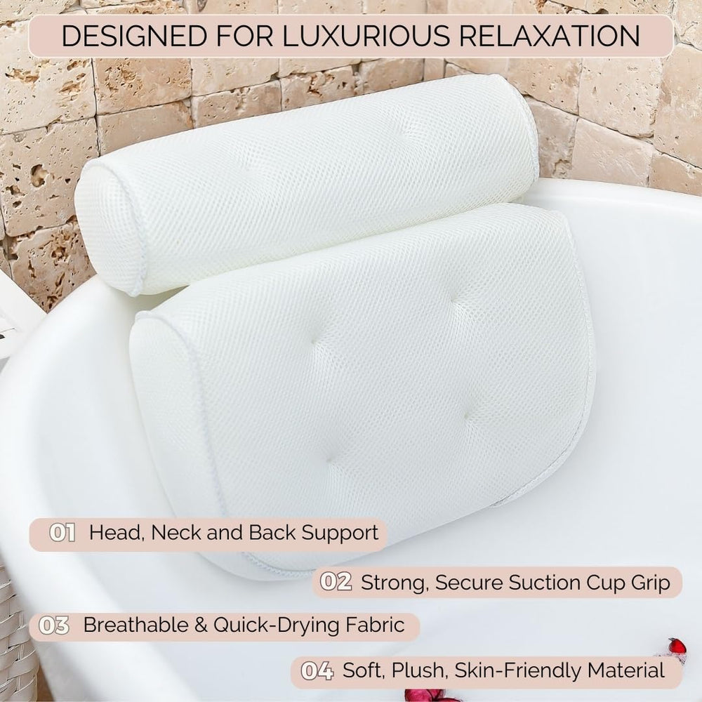 Monsuri 3D mesh fabric bath pillow dries quickly for ready use.