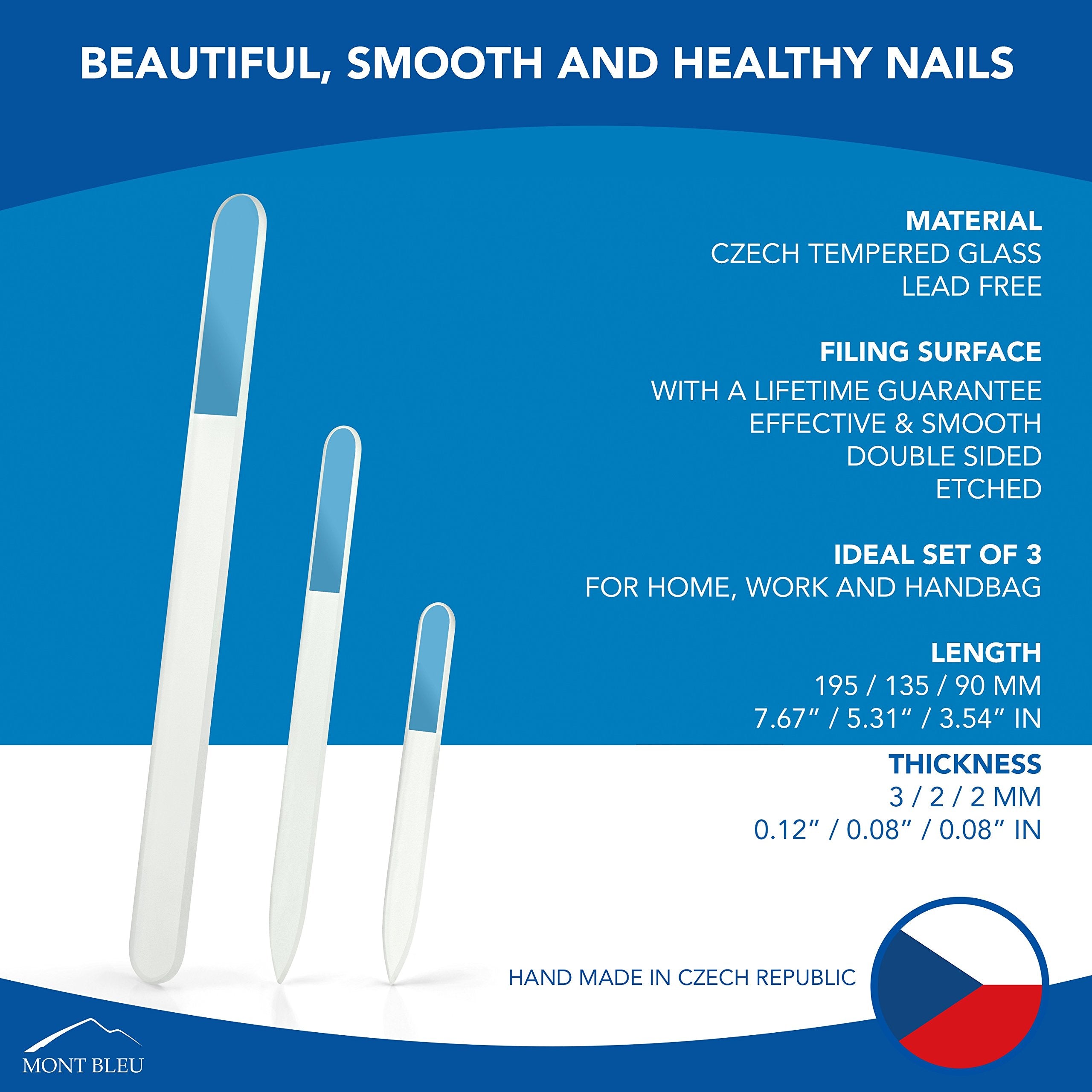 Mont Bleu tempered Czech glass nail file emphasizes durability and long-lasting performance.