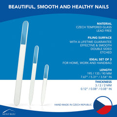 Mont Bleu 195 mm glass nail file in rainbow colors for full‑hand grooming at home.