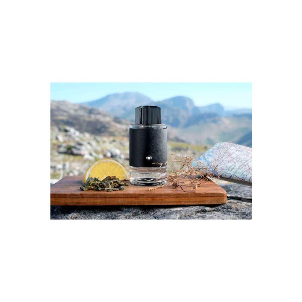 Montblanc Explorer bottle near bergamot note, capturing citrus brightness for daytime wear.