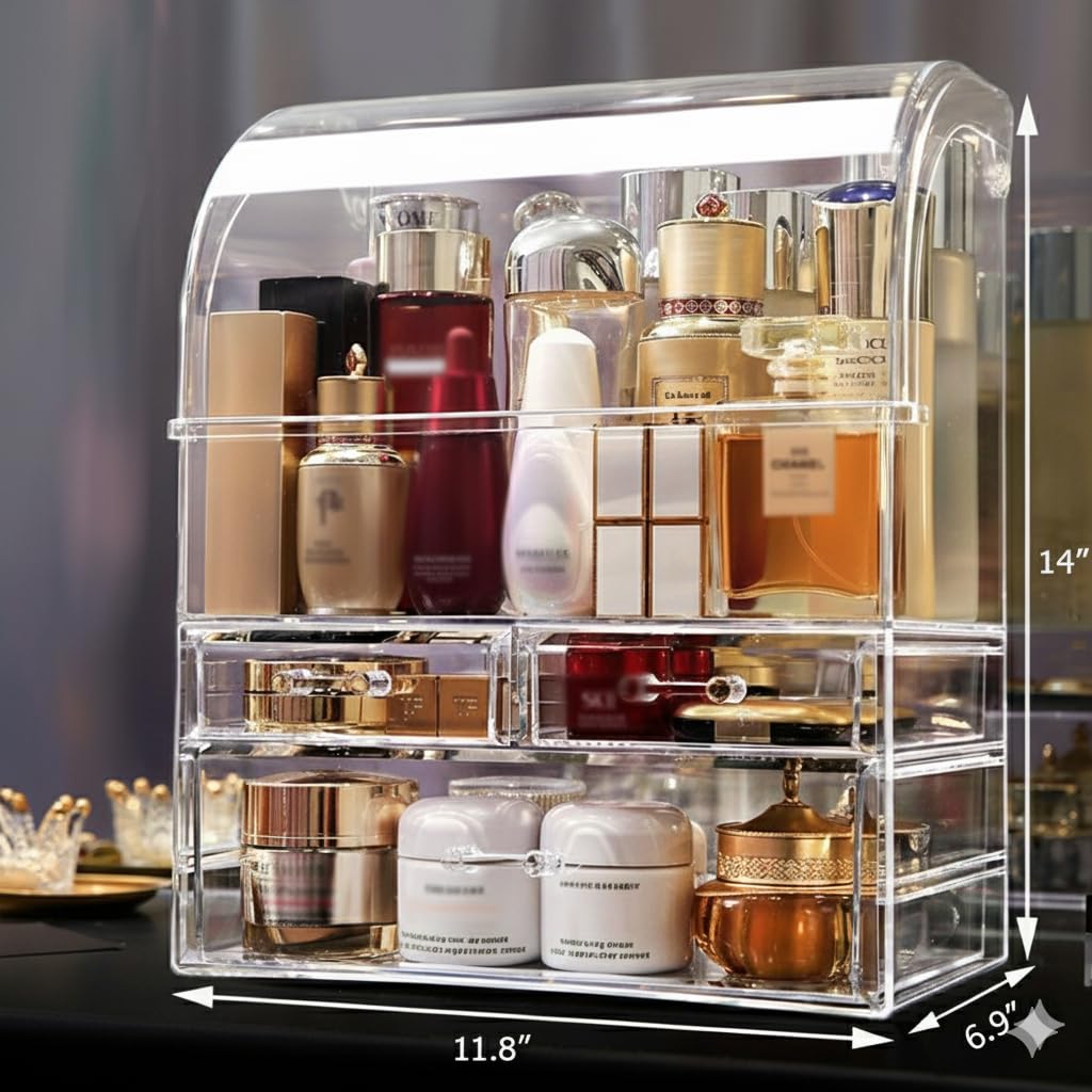 MOOCHI clear acrylic makeup organizer with drawers keeps items visible and accessible.