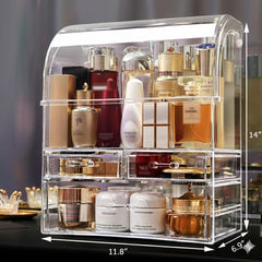 MOOCHI clear acrylic makeup organizer with drawers keeps items visible and accessible.