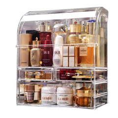 MOOCHI clear professional organizer with drawers showcases cosmetics neatly on a vanity.