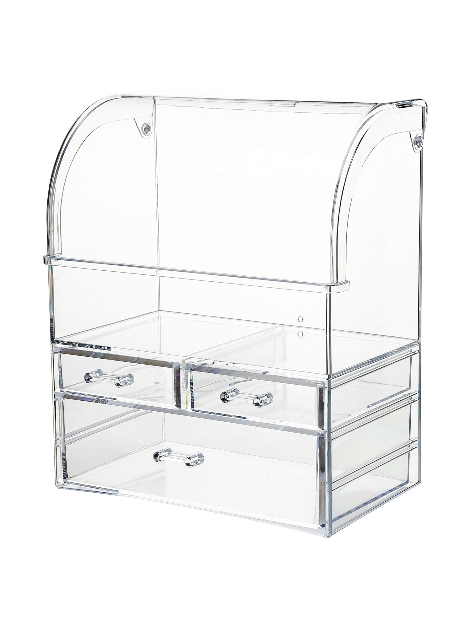 MOOCHI professional makeup display case neatly presents cosmetics on any countertop.