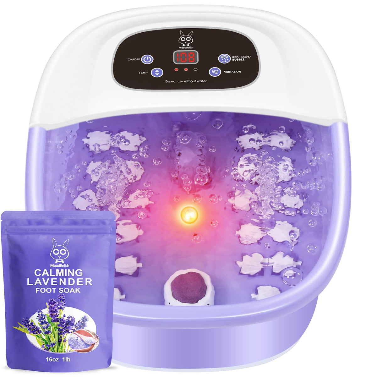MoodRelish foot spa with heat, bubbles and jets for a relaxing soak.